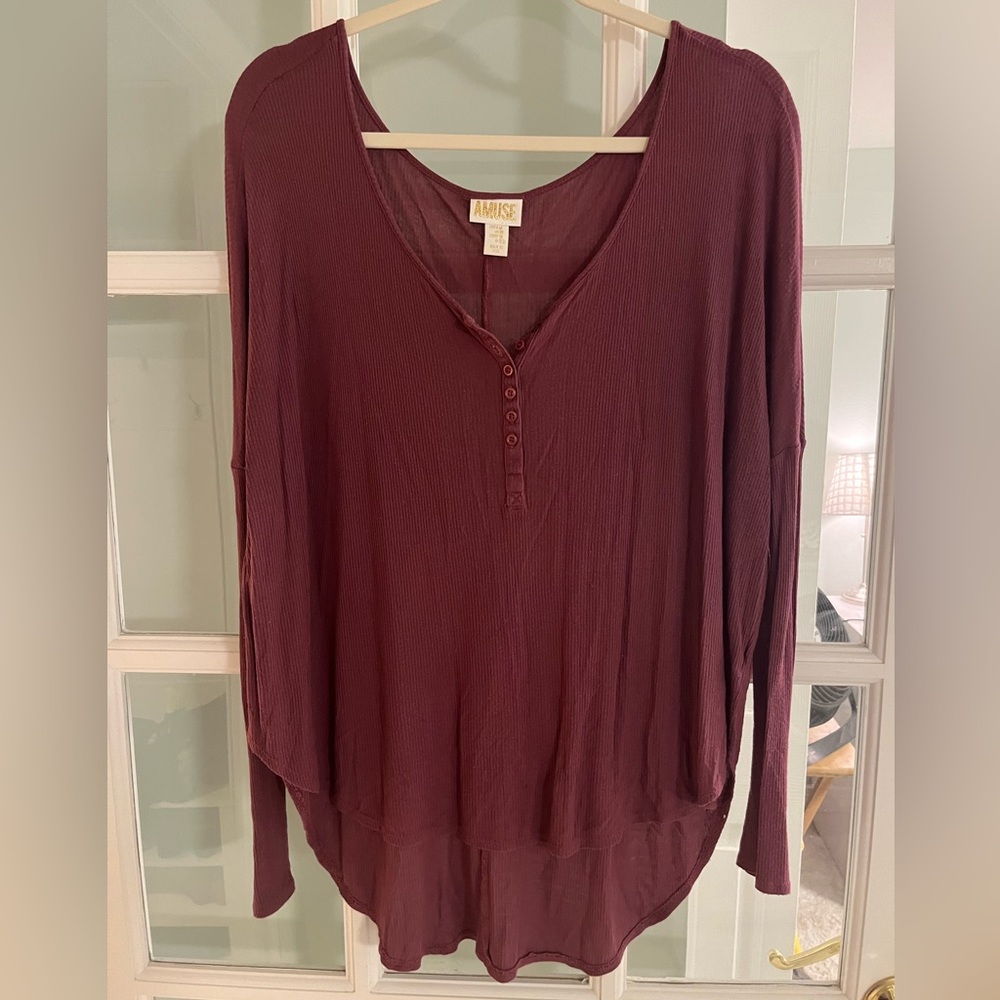 Amuse Society Burgundy Ribbed Henley Tunic Long Sleeve Blouse